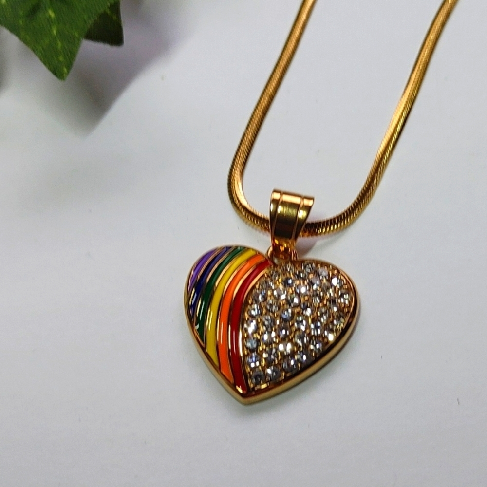 Rainbow and Crystal Heart Pendant on 18" Chain Gold Plated Steel New